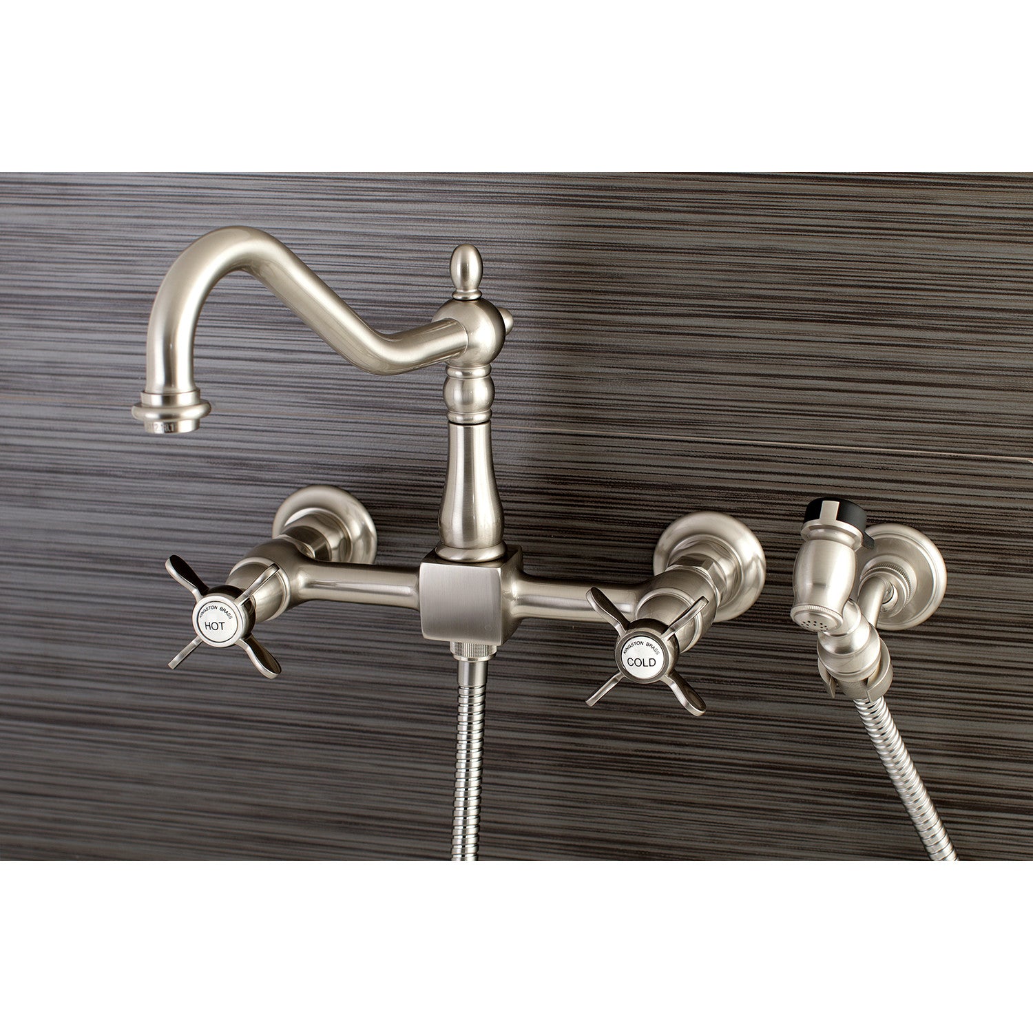 Kingston Heirloom KS1248BEXBS - Essex Two-Handle 3-Hole Wall Mount Bridge Kitchen Faucet with Brass Sprayer, Brushed Nickel — thumbnail 2